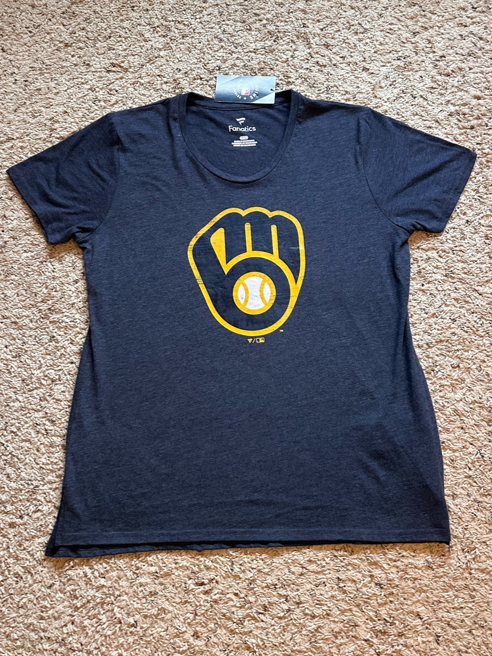 NWT Fanatics Navy Short Sleeve Tee with Yellow Baseball Glove Graphic